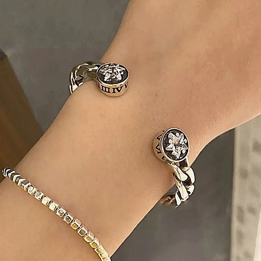 Sterling Silver Star Zircon Cuff Bangle Bracelet